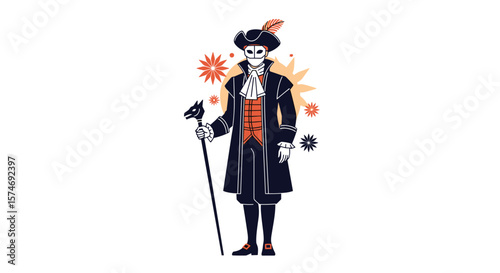 An aristocratic gentleman in period costume holding a decorative cane with ornate floral accents and a feathered hat