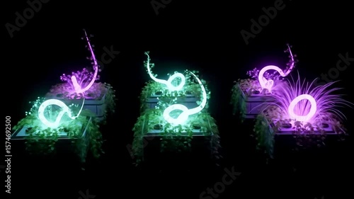 Vibrant glowing plants intertwined with luminous spirals in a dark setting, creating a mystical atmosphere