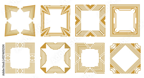 Elegant geometric art deco frames collection featuring ornate golden decorative borders with stylized motifs for design projects