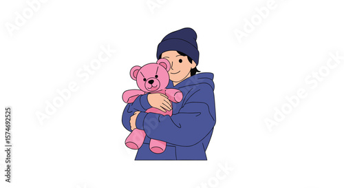 Young child holding a cherished pink teddy bear wearing a winter hat and jacket
