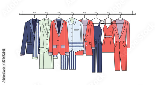 Collection of stylish and modern women's clothing neatly arranged on a hanger showcasing various fashion outfits for different occasions and seasons