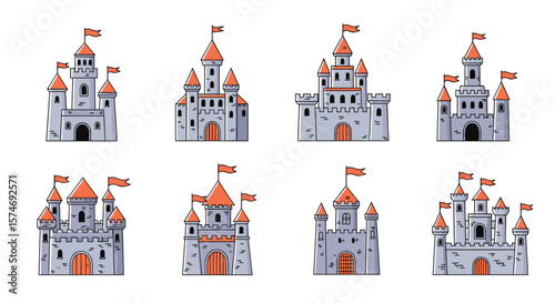 Collection of eight fantasy medieval castles with orange flags and towers representing kingdoms and royal palaces