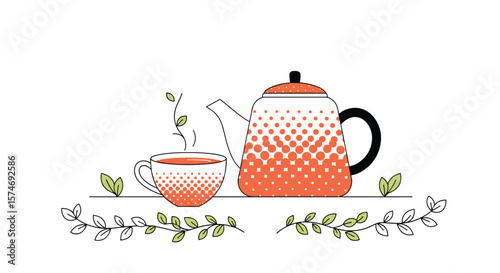 A charming illustration of a steaming cup of tea and a whimsical teapot with decorative floral accents