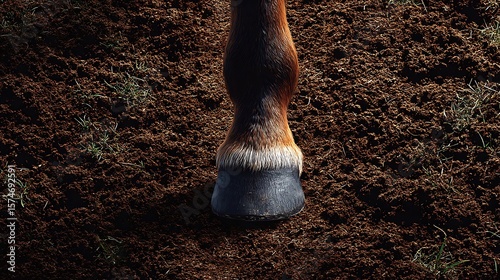 A close-up shows a horse's leg from above the ankle with the hoof resting on soil some grass too.