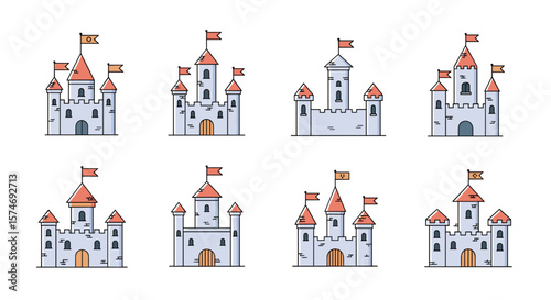 A collection of cartoon medieval castles with towers battlements flags and drawbridges representing fantasy and history