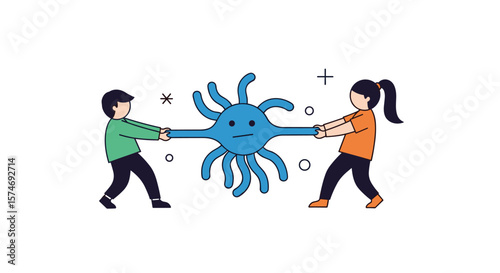 Two children pulling on a neuron in opposite directions illustrating the concept of neural plasticity and the brain's ability to adapt and change throughout life.