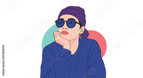 Artistic illustration of a stylish individual with sunglasses and beanie posing thoughtfully with colorful circles in the background