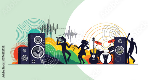 Abstract music celebration featuring dancing silhouettes and audio waveforms enjoying a lively concert experience