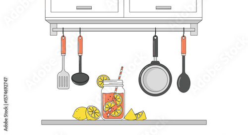 Refreshing fruit infused water with citrus and herbs in a mason jar with cooking utensils overhead