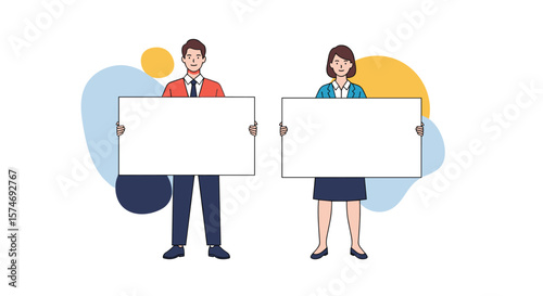 Two business professionals holding blank white boards for presentations and information sharing in a modern office setting