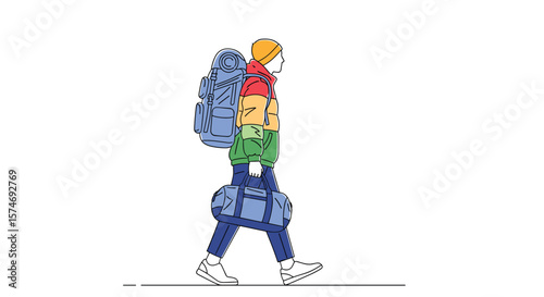 A person with a large backpack and a duffel bag walks with purpose on their journey
