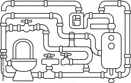 Detailed Diagram of a Complex Plumbing System, plumbing, plumbing diagram, plumbing engineering, plumbing control, Pipe Diagram, Plumbing Blueprint, Water Pipeline