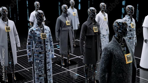 Futuristic mannequins in digital attire stand in a virtual environment with holographic elements