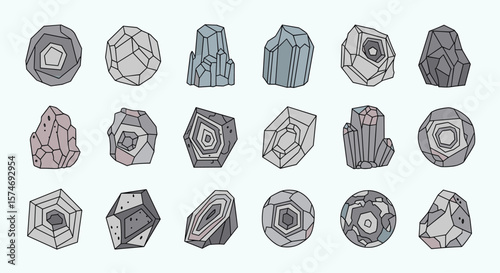 A collection of diverse geometric crystals and mineral specimens displayed against a light blue background