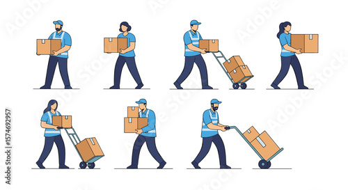 Collection of delivery personnel and logistics workers moving boxes using hand trucks and carrying packages professionally