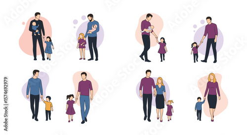 Diverse family relationships depicted in varied illustrations showing parental bonds and child companionship across different scenarios and demographics