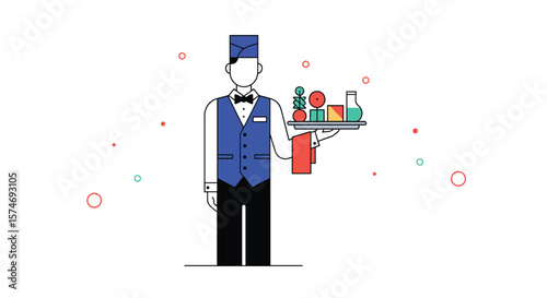 Professional bellhop offering a tray of amenities and services for guests in a luxury hotel setting