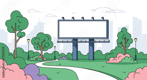 Blank billboard in a lush green park with city skyline in the background and winding path leading towards it