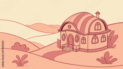 Illustration of a cozy house with a striped roof on a hilly landscape with plants and a path way