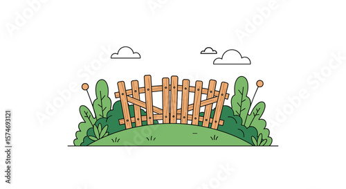 A charming wooden fence in a lush green meadow surrounded by trees under a cloudy sky