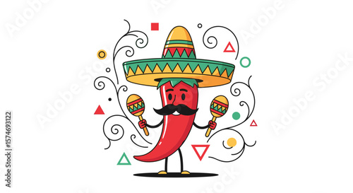 Festive chili pepper character wearing a sombrero and playing maracas with traditional mexican decorations