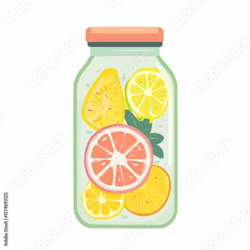Minimal flat icon of detox water jar with fresh fruits, ideal for eco-friendly packaging, printable designs and healthy lifestyle products