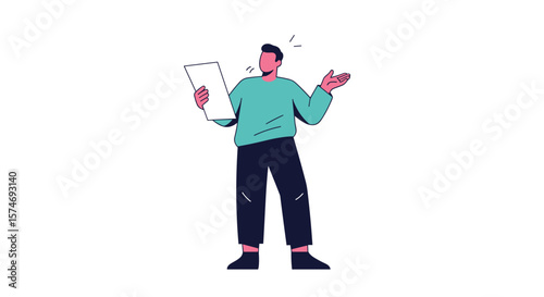 Modern businessman feeling confused holding a blank document and shrugging his shoulders in a white background