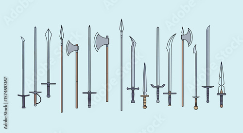 Collection of ancient historical medieval weaponry swords and polearms displayed against a light blue background