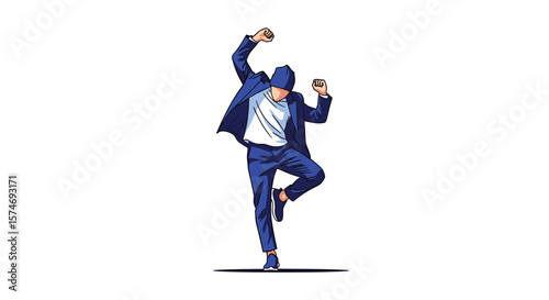 A dynamic and energetic business person in a blue suit performing a celebratory dance pose with enthusiasm and joy