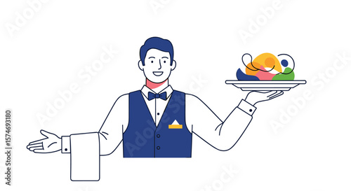 Friendly waiter presents a delightful platter of colorful cartoon characters with a welcoming gesture