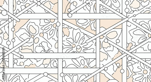 Abstract geometric floral design with intersecting lines and circular elements creating a sophisticated pattern