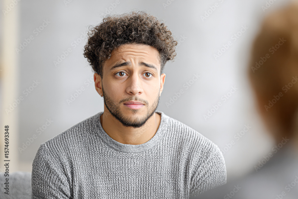 Obraz premium A young man with curly hair wearing a gray sweater looks concerned or unsure while facing someone whose back is to the camera.