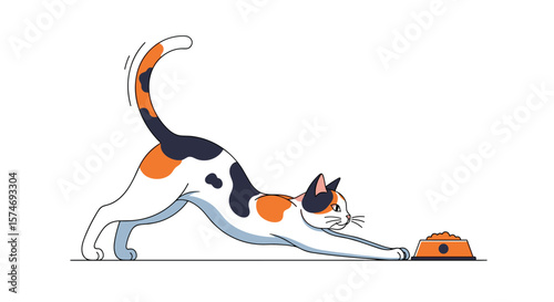 Curious calico cat stretches towards its food bowl with eager anticipation for a tasty meal