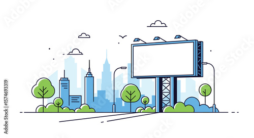 Large blank billboard prominently displayed in a stylized cityscape with trees and blue buildings under a cloudy sky