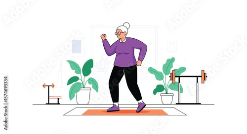 Active senior woman enjoying a healthy lifestyle with indoor fitness equipment and potted plants for a vibrant home environment