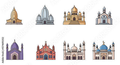 A collection of diverse religious buildings showcasing various architectural styles and faiths from around the world including temples mosques and churches