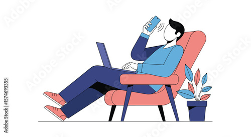 Modern business professional working remotely from a comfortable home office setup while taking a phone call