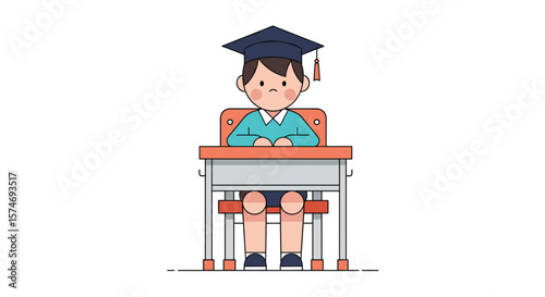 A young student wearing a graduation cap sits at their desk ready to learn and achieve academic excellence