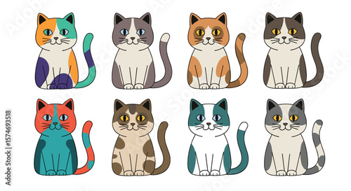 Adorable cartoon cats collection featuring diverse colors and patterns for creative projects
