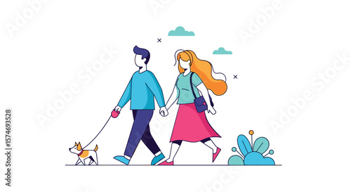 A couple enjoys a leisurely walk with their beloved dog on a sunny day in a park surrounded by nature and greenery