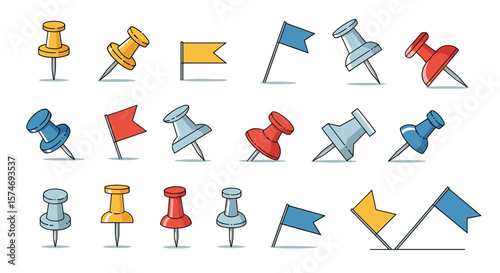 Collection of colorful push pins and marker flags for organization and navigation tasks