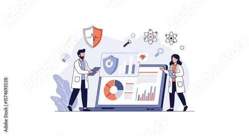 Scientific researchers analyze health data presenting statistics and charts on a large computer screen showcasing advancements in medical research and diagnostic tools