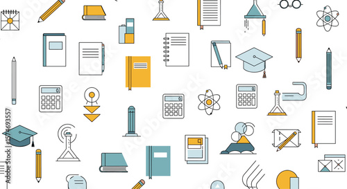 Educational learning school supplies and scientific equipment icons representing education and knowledge