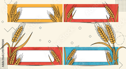 Harvest festival celebration agricultural wheat grain field scene four rectangle frames for text or photos decorative elements on soft yellow background