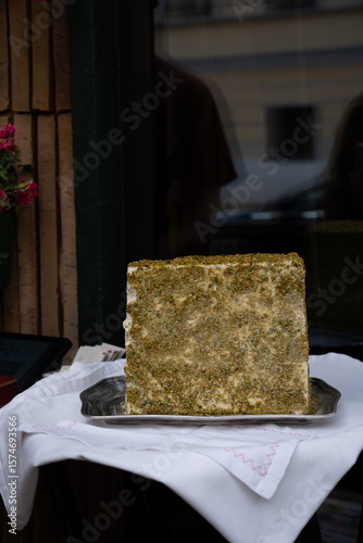The Golden Butter Block is elegantly displayed in a charming and inviting setting, enticing all