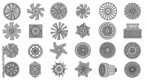 A comprehensive collection of industrial fan and blower component designs featuring various blade configurations and housing styles for mechanical engineering applications