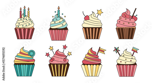 A delightful assortment of whimsical cupcakes with festive toppings and colorful frostings perfect for celebrations and sweet treats