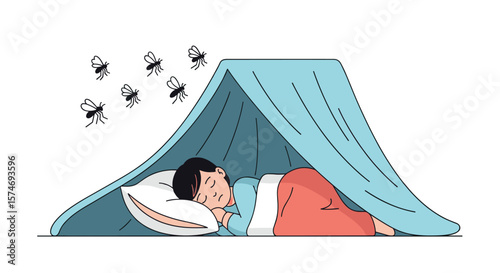A person sleeps peacefully under a mosquito net while insects fly around protected from bites