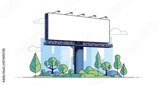 Large outdoor advertising billboard displaying a blank white space surrounded by trees buildings and clouds ideal for marketing campaigns and promotions