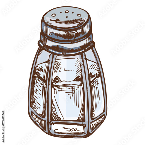 Hand-drawn colored sketch of glass salt shaker with metal lid.⁠
